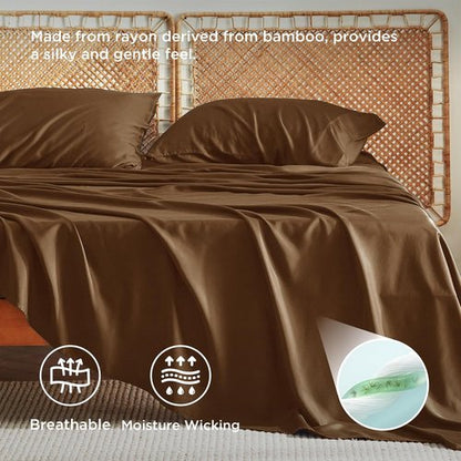 Bedsure Cooling California King Sheet Set - Breathable Rayon from Bamboo, Soft & Luxurious, Deep Pocket Up to 16 Inches, Brown