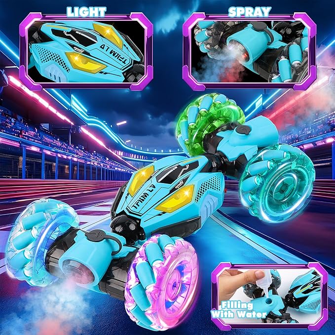 Gesture Sensing RC Stunt Car - Boys Toys Age 6-12 Year Old for Birthday Gifts 2.4GHz 4WD Remote Control Toy with Dual Spray All-Terrain Off-Road Vehicle with Lights &amp Music