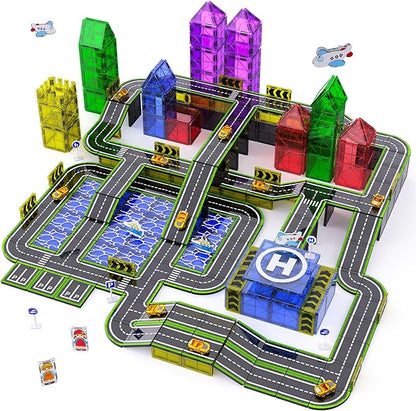 Magnetic Tiles121PCS Magnet Tiles Road Set with Pullback Cars for 3+ year old BoysMagnetic Toys for Kids Ages 4-8 with ShipAirplaneTraffic SignSTEM Classroom Educational Birthday Gifts Toys