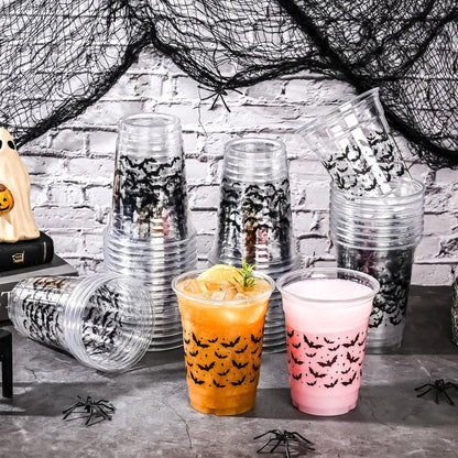 AimFun Halloween Bats Plastic Cups White Black Ghosts Disposable Party Cup Cute Spooky 12oz Clear Cups for Candy Beverage Snacks Birthday Baby Shower Party Supplies (50, Bats)