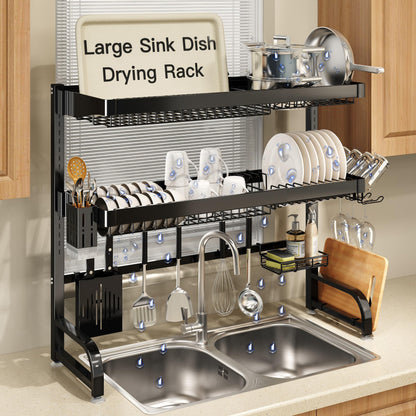 MAJALiS 3 Tier Extra Large Stainless Steel Expandable Over The Sink Dish Drainer Drying Rack, Rust Proof Metal, Space Saving, Modern Black Big Capacity Extendable Plate Strainers Above Counter