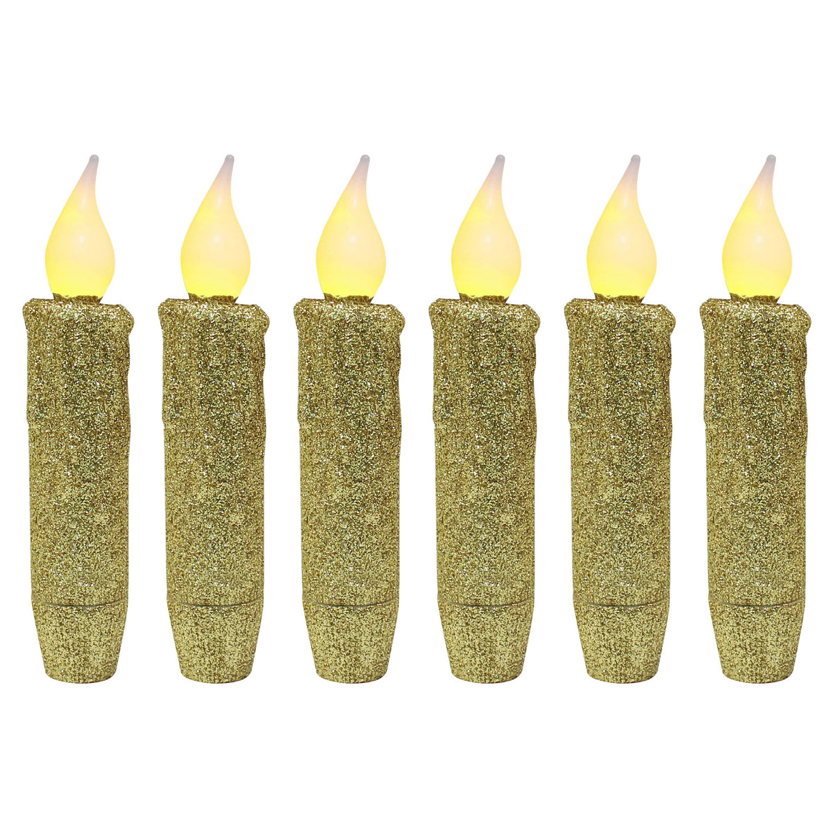 CVHOMEDECO. Glitter Flameless Candles Flickering Battery Operated LED Taper Candles with Timer for Home, Wedding, Halloween, Christmas Decor. Gold, 4-3/4 Inch, Set of 6