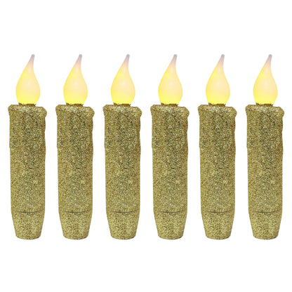 CVHOMEDECO. Glitter Flameless Candles Flickering Battery Operated LED Taper Candles with Timer for Home, Wedding, Halloween, Christmas Decor. Gold, 4-3/4 Inch, Set of 6