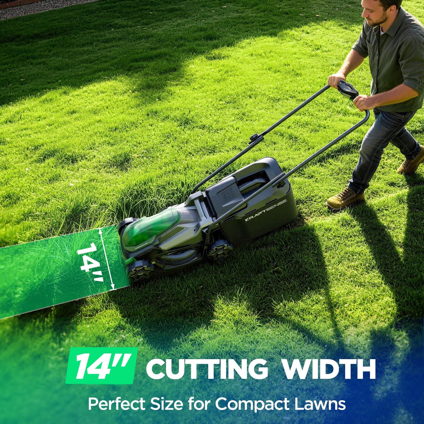 Kraftsense 14" Cordless Lawn Mower, 20V Lightweight Push Mower with 5.0Ah Battery, Ultra-Quiet Motor for Small Yards, Lawn Care, Backyard Maintenance