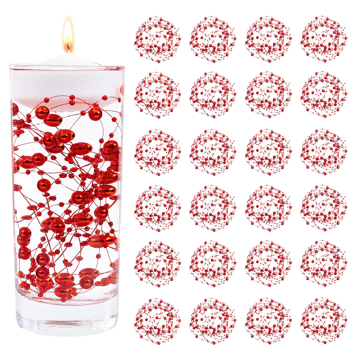 YATOJUZI 30 PCS Artificial Pearl String Red Vase Filler Floating Pearls for Vases Centerpieces Faux Pearl Beads String Decorations Wedding Holiday Party Decor