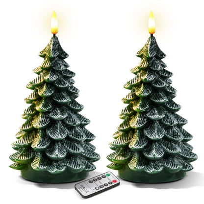 Sttokilly 2Pcs Christmas Tree Flameless Candles with Remote and Timer,LED Candles Battery Operated,Real Wax Window Candlesticks with Flickering 3D Flame for Christmas Decoration