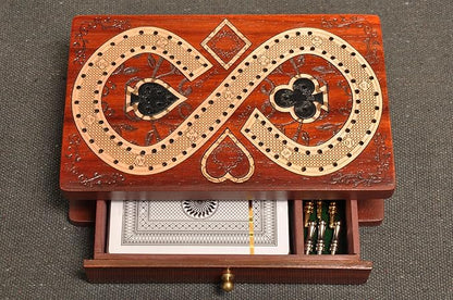 PALM ROYAL HANDICRAFTS 2 Track Cribbage Board Game Set with Magnetic Pull Drawer Playing Cards - Metal Pegs - Storage Available Travel Portable Cribbage Game Sets for Family. (Size - 6.5 x 4).
