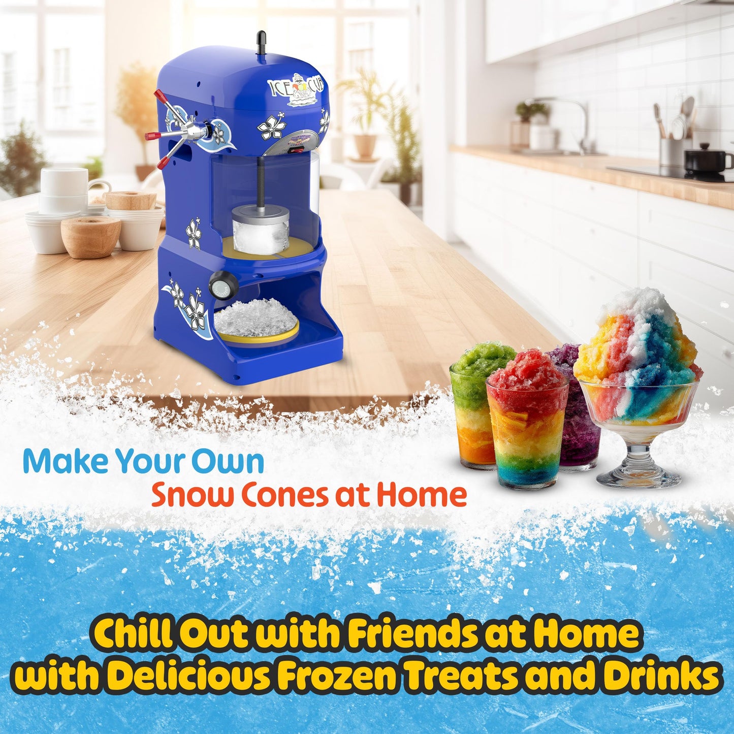 Great Northern Popcorn Company Premium Quality Ice Cub Shaved Ice Machine Commercial Ice Shaver, Blue, 1/3 hp, 6057 Ice Cub Shaver