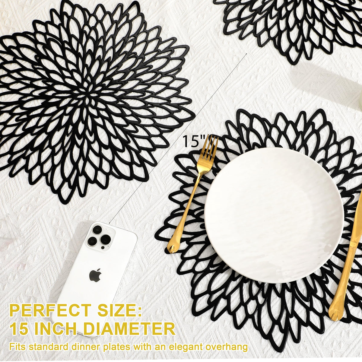 Set of 6 Round Placemats Black, Heat-Resistant PVC Table Mats with Luxury Metallic Glossy Finish for Thanksgiving Christmas Wedding Party Decor, Easy to Clean