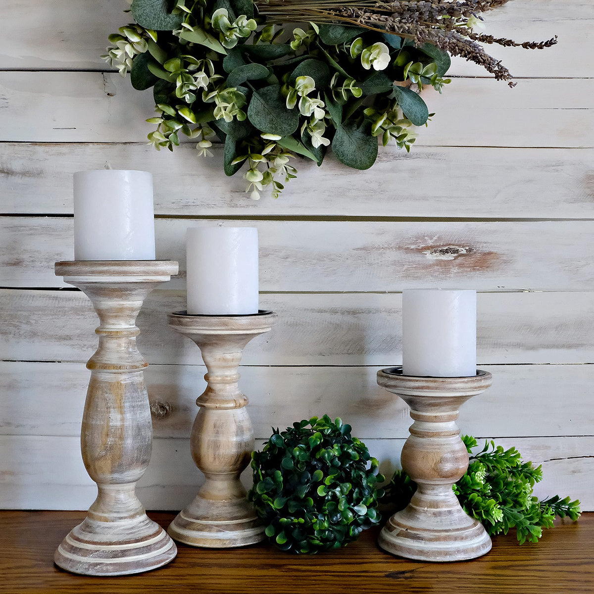Candle Holders for Pillar Candles, Wooden Candleholders Table Centerpiece, Pillar Candle Holders Set of 3, Wood Rustic Farmhouse Fireplace White