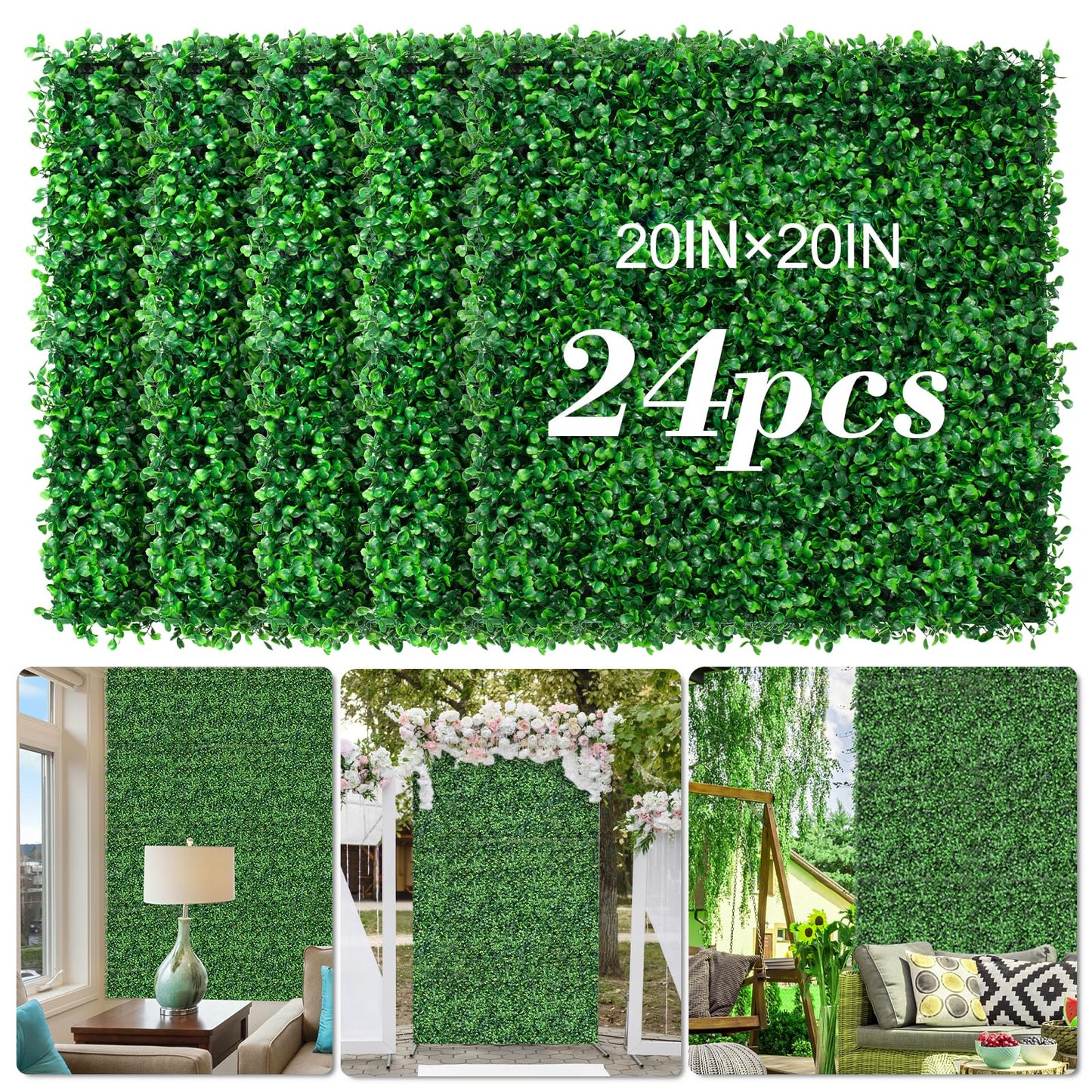 AOKIE 20"X20" Artificial Grass Wall, 24Pcs Boxwood Hedge Wall Panels UV-Anti Grass Backdrop Wall Decor, Greenery Privacy Hedge Screen for Indoor Outdoor Patio Balcony, Party Garden Fence Decor