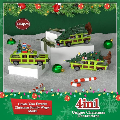 Christmas Village Movie Building Toy Set 4 in1 Station Wagon with Family Christmas Tree Building Kit Christmas Decorations Compatible with Lego Gifts for Movie Fans Adults Boys and Kids 2025