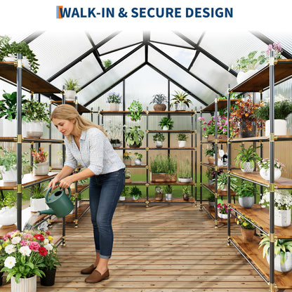 6x8FT Greenhouse for Outdoors, Walk-in Polycarbonate Greenhouse with Sliding Door, Adjustable Roof Vent & Gutter System, Portable Outdoor Green House Kit for Winter Gardening