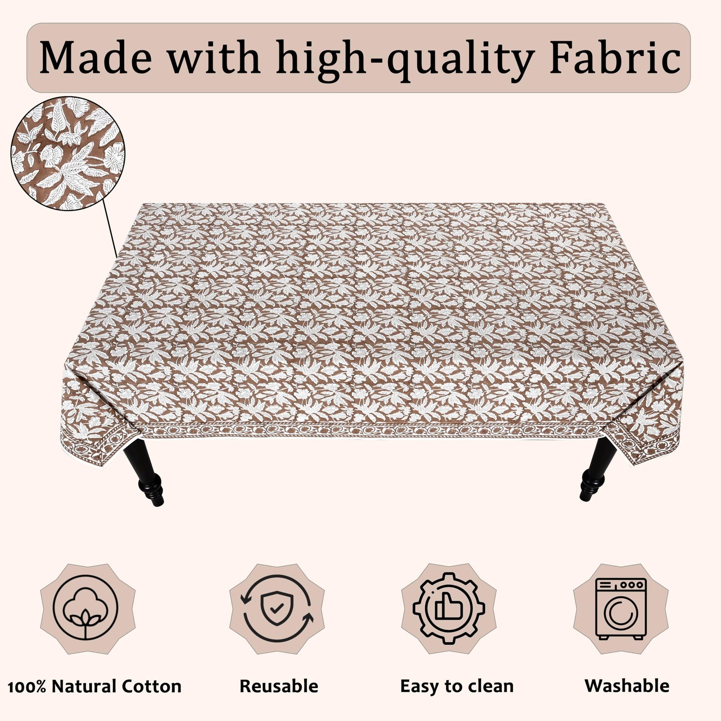 Ridhi Oak Brown Hand Block Print Cotton Rectangle Tablecloth 102" x 48" inches Reusable Table Cover Decorative Everyday Use for Dining Room, Farmhouse, Home Gift for Spring, Mother's Day
