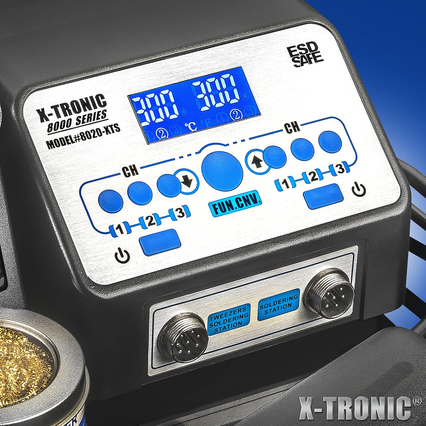 X-Tronic 8000 Series - 8020-XTS - Dual Soldering Iron/Tweezers Station • ESD Safe • 5 Solder Tips • 6 Temp Presets • Auto Shut Down Function • Calibration Function • °C/°F Conversion • Sleep Timer