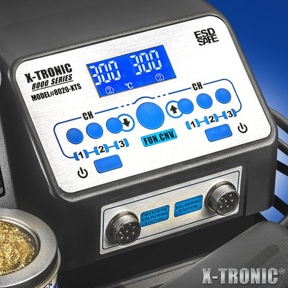 X-Tronic 8000 Series - 8020-XTS - Dual Soldering Iron/Tweezers Station • ESD Safe • 5 Solder Tips • 6 Temp Presets • Auto Shut Down Function • Calibration Function • °C/°F Conversion • Sleep Timer