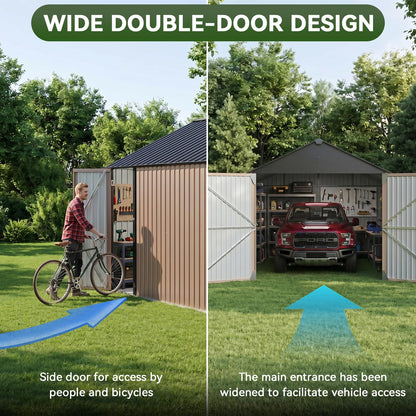 Aoxun 12x20x9.3 FT Metal Storage Shed Outdoor Large Garage Shed Carport with Double Doors,Side Door & Windows, Heavy Duty Garden Tool Shed All-Weather Outdoor Building for Vehicles & Sundries(Brown)