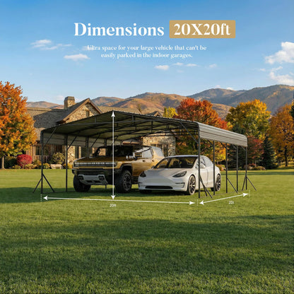 HOMPUS 20x20 FT Heavy Duty Metal Carport Kit, Waterproof Windproof Aluminum Car Ports with Steel Shelter Frame Cover for 2 Car or Boats, Easy Assembly Tractor/Car Storage