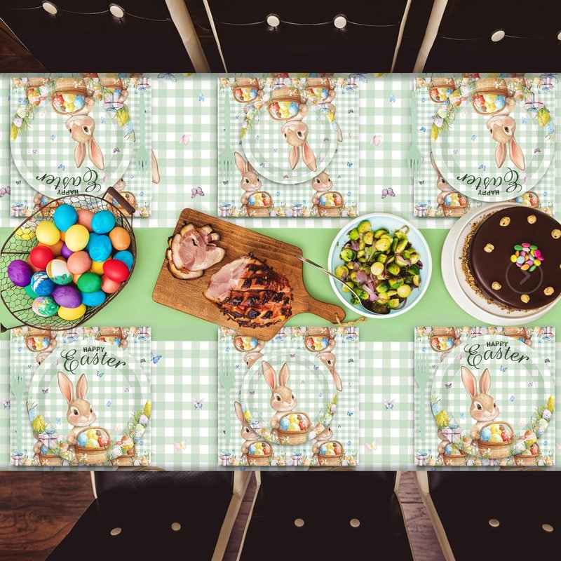 122 Pcs Easter Plates and Napkins Set, Disposable Bunny Eggs Dinnerware Easter Decorations, Sage Green Paper Plates, Napkins, Fork and Tablecloth for Spring Celebrations Party Favors, Serve 30 Guests