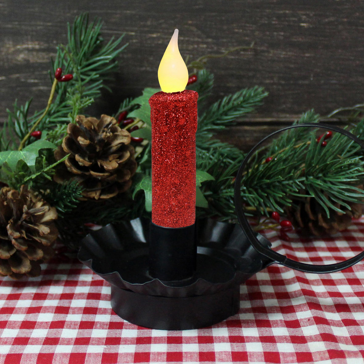 CVHOMEDECO. Glitter Flameless Candles Flickering Battery Operated LED Taper Candles with Timer for Home, Wedding, Halloween, Christmas Decor. Red, 4-3/4 Inch, Set of 2