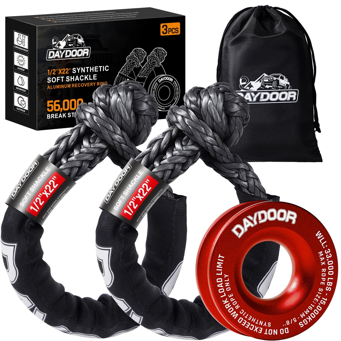 DAYDOOR 56,000 LBS Soft Shackle Recovery Kit, 1/2" x 22" (2-Pack) with 7075 Aluminum Snatch Ring, Winch Accessory for Jeep Wrangler, Bronco, 4Runner, Tacoma, ATV/UTV/Jeeps/SUVs, 4x4 Off-Road(Gray)