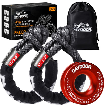 DAYDOOR 56,000 LBS Soft Shackle Recovery Kit, 1/2" x 22" (2-Pack) with 7075 Aluminum Snatch Ring, Winch Accessory for Jeep Wrangler, Bronco, 4Runner, Tacoma, ATV/UTV/Jeeps/SUVs, 4x4 Off-Road(Gray)