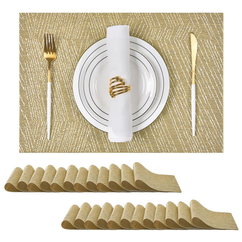 Leetaltree Gold Placemats Set of 24 - Heat Resistant Non-Slip Place mats for Dining Table, Washable Durable PVC Vinyl Woven Table Mats(Luxury Gold, 24)