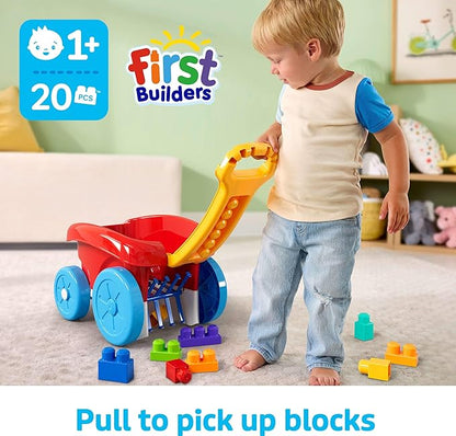 MEGA BLOKS First Builders Toddler Building Toy Block Scooping Pull Wagon with 20 Pieces and Built-in Storage Picks Up Blocks Red Kids Ages 1+