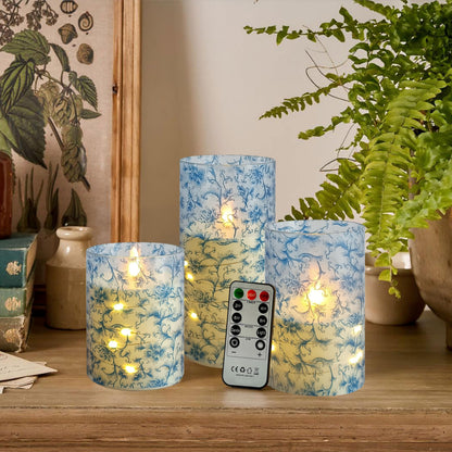 Flickering Flameless Candles Blue Floral Print, Embedded Star String Lights, Battery Operated Acrylic LED Pillar Candles with 11-Key Remote and Timer for Home Decoration, 3 Pack