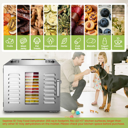 Commercial 10 Trays Food Dehydrator Machine for Jerky and Herbs Usable Area up to 24.65ft² and 194℉ Temperature 1000W Detachable Stainless Steel Dryer for Meat Fruit Mushrooms Beef Food Dark Silver