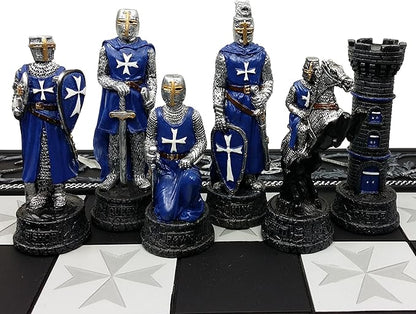 Medieval Times Crusades Red and Blue Armored Maltese Knights Chess Set with 17 Board