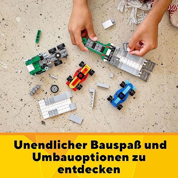LEGO 31113 Creator 3-in-1 Racing Car Transporter Construction Game Truck with Trailer Crane and Tug Gift Idea for Children