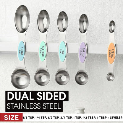 Spring Chef Stainless Steel Magnetic Measuring Spoons Set of 8 with Leveler, Metal Teaspoon & Tablespoon Measuring Spoons for Dry and Liquid Ingredients, Kitchen Gadgets for Baking & Cooking - Pastel