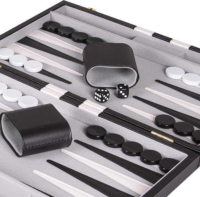 Premium Backgammon 11 Inches Small Black - Backgammon Sets for Adults and Kids - Leatherette Back Gammon Board Game Set - Travel Backgammon Set Board Encased with Accessories