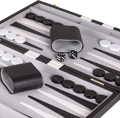 Premium Backgammon 11 Inches Small Black - Backgammon Sets for Adults and Kids - Leatherette Back Gammon Board Game Set - Travel Backgammon Set Board Encased with Accessories