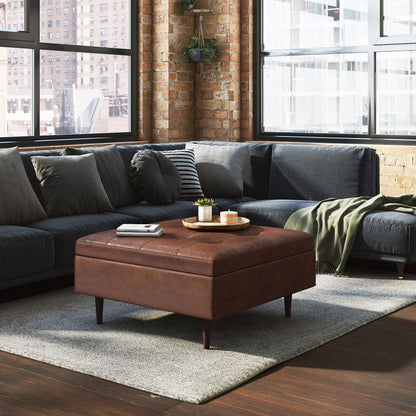 SIMPLIHOME Shay Coffee Table Storage Ottoman - 38 inch Wide Upholstered Vegan Leather Large Square Ottoman in Distressed Saddle Brown, Mid-Century Modern Tufted Ottoman for Living Room with Lift Top