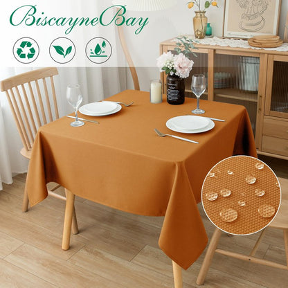 Biscaynebay Fall Tablecloth Textured Fabric Square Tablecloths 70x70 Inch, Bronze Thanksgiving Autumn Harvest Water Resistant Fabric Tablecloths for Kitchen, Dining, Wedding, Parties Machine Washable