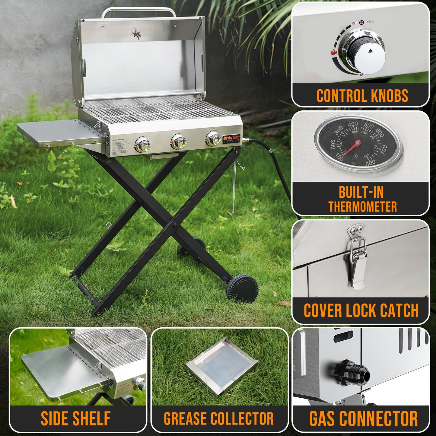 BBQ Gas Grill 3-Burner with Foldable Cart & Side Table, Premium Portable Propane Grill with 22" Cooking Grate for Outdoor Patio Backyard Barbecue Camping Tailgating RV, Stainless Steel, Classic GS308