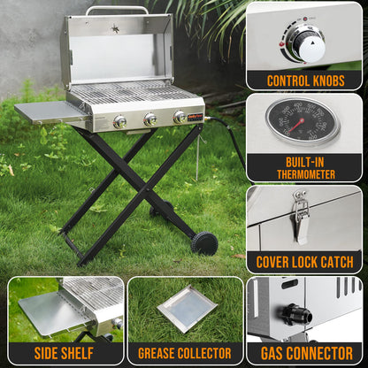 BBQ Gas Grill 3-Burner with Foldable Cart & Side Table, Premium Portable Propane Grill with 22" Cooking Grate for Outdoor Patio Backyard Barbecue Camping Tailgating RV, Stainless Steel, Classic GS308