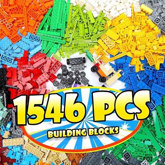 Lekebaby Classic 1546 Pieces Building Bricks with 46PCS Wheel Accessory Kit Basic Brick Set for Kids Creative Play Compatible with All Major Brands Educational Toy for Boys Girls 6 Years Old and Up