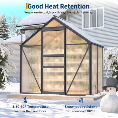 6X4FT Walk-in Polycarbonate Greenhouse, Outdoor Weatherproof Greenhouse Kit with Adjustable Roof Vent, Sliding Door & Gutter Drainage, Portable Green House for Patio Backyard Winter Gardening