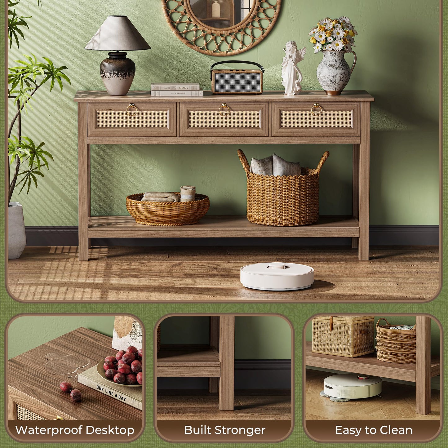 SUPERJARE Rattan Console Sofa Table with Outlets and USB-C Port, 3 Drawer Entryway Table with Synthetic Rattan Surface, Open Shelf, Behind Couch Entry Foyer Hallway Storage, Brown