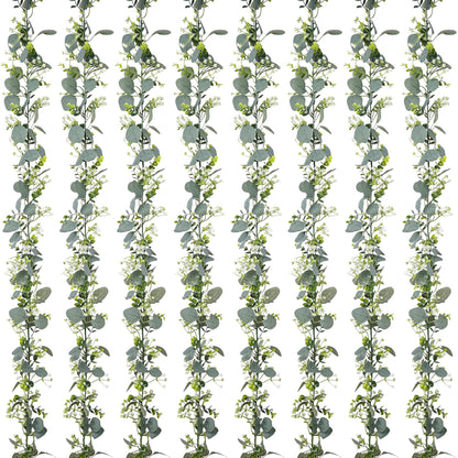 BonBloom's 8 Packs Artificial Eucalyptus Garland with White Flowers 5.9Ft Faux Greenery Garland Vines Spring Garlands for Bedroom Centerpieces Table Wedding Backdrop Arch Mantle Room Decor