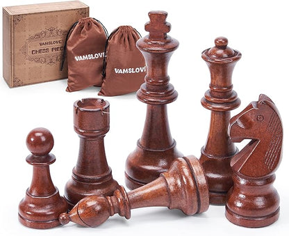 Vamslove Wooden Chess Pieces Large 4.5'' King Set of 32 Luxury Staunton Wood Chessmen for Chess Game Board (Chess Pieces Only) Velvet Storage Bags Included