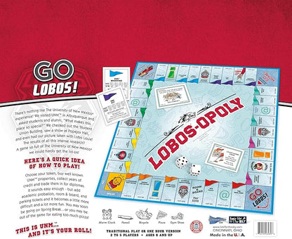 Late for The Sky Lobos-Opoly Board Game - University of New Mexico UNM Lobos Family Board Game Campus Properties Ages 8+ 2-6 Players Traditional or 1-Hour Play