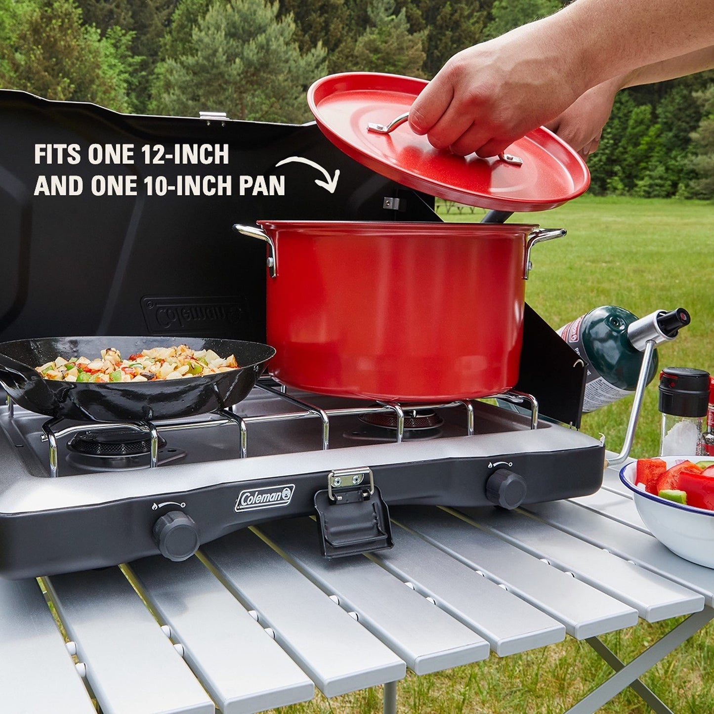 Coleman Triton+ 2-Burner Propane Camping Stove with InstaStart Ignition, Portable Camping Cooktop with 2 Adjustable Burners & Wind Guards, 22,000 BTUs of Power for Camping, Tailgating, Grilling