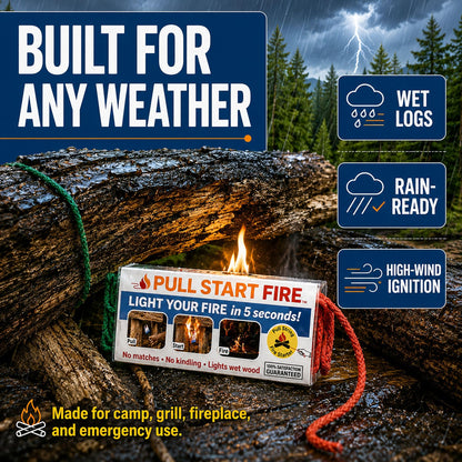 Pull Start Fire Pull String Fire Starter - No Matches Required, Lights Wet Wood, Chimney Starter, Food Safe Firestarter Brick for Campfire Grill, BBQ, Fireplace, Firepit, Burns 30 Minutes - 12 Count