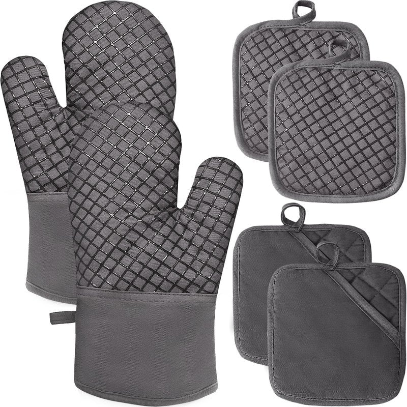 4 Pcs Oven Mitts and Pot Holders,High Heat 500°F Resistant Glove Potholder with Thick Cotton,Silicone Non-Slip Surface Long Kitchen Oven Glove for Cooking Baking Grilling(Grey)