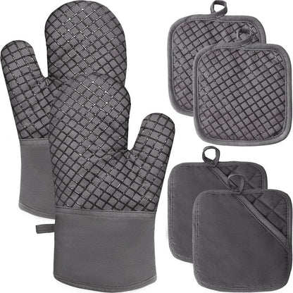 4 Pcs Oven Mitts and Pot Holders,High Heat 500°F Resistant Glove Potholder with Thick Cotton,Silicone Non-Slip Surface Long Kitchen Oven Glove for Cooking Baking Grilling(Grey)