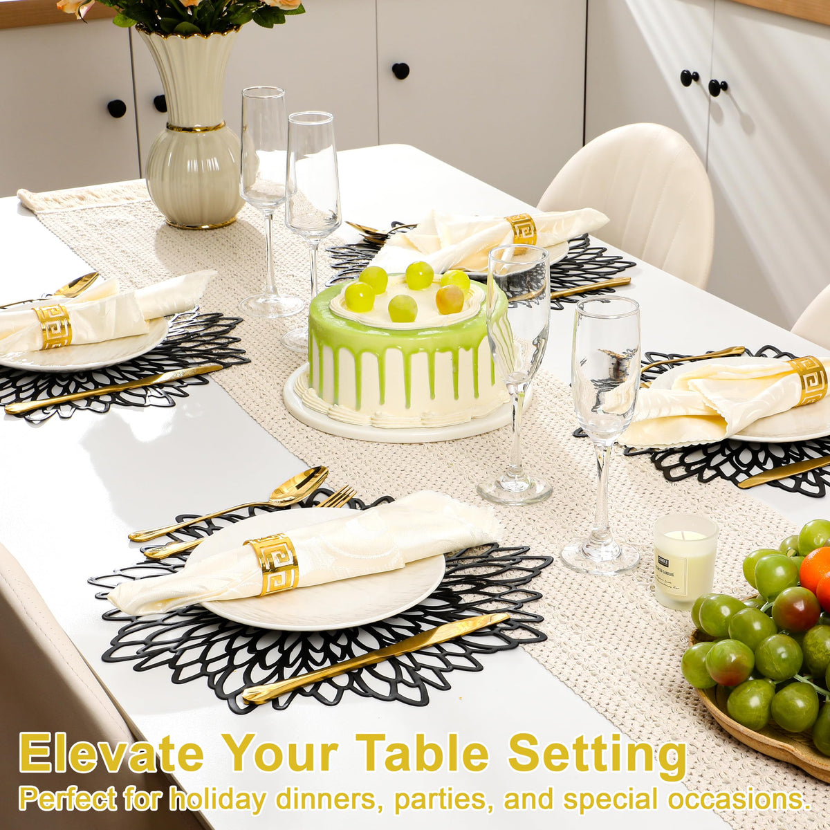 Set of 6 Round Placemats Black, Heat-Resistant PVC Table Mats with Luxury Metallic Glossy Finish for Thanksgiving Christmas Wedding Party Decor, Easy to Clean